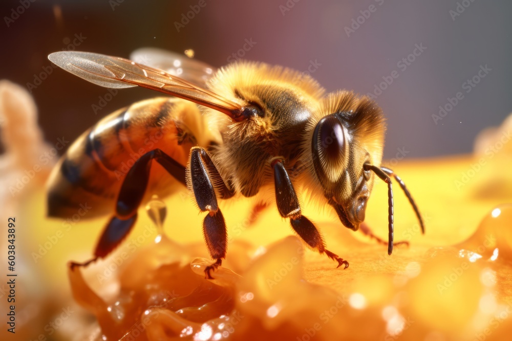 Close-Up: Bee Feeding on Honey with Defocused Background, Generative AI Close-Up: Bee Feeding on Honey with Defocused Background, Generative AI