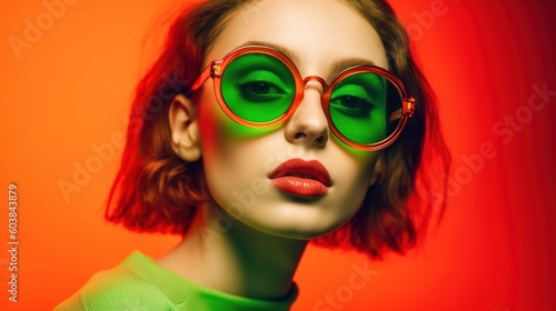 fashion portrait shoot of a girl in colorful glasses, luminous red and green, minimalist, generative AI