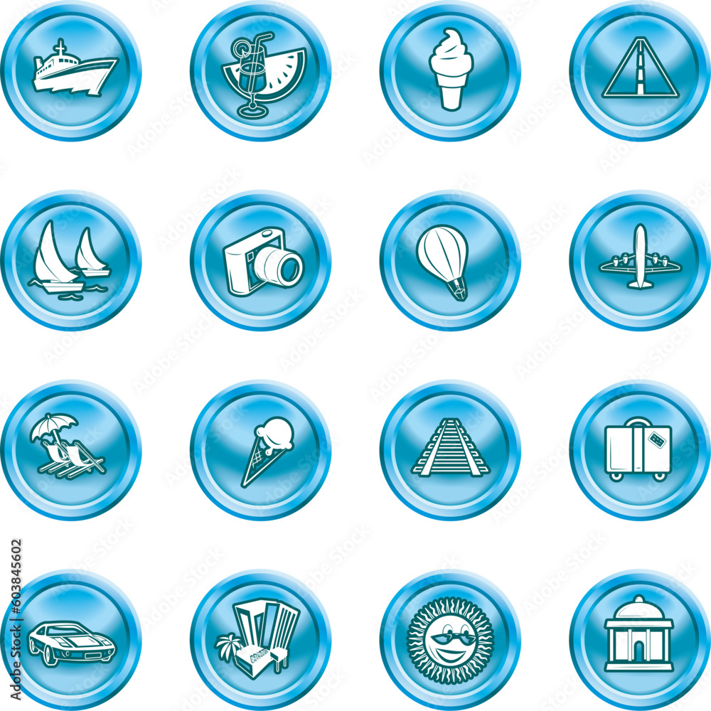 A series of icons relating to vacations, travel and tourism. No meshes used. A series of icons relating to vacations, travel and tourism. No meshes used.