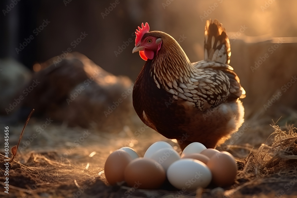 Fototapeta premium chicken next to eggs, countryside, Generative AI