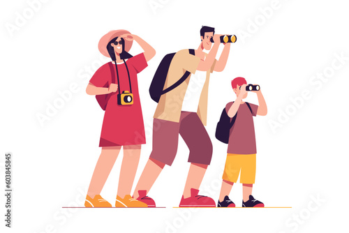 Vector illustration of a happy traveling tourist family