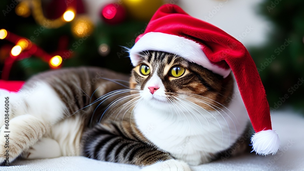 Christmas cat. Adorable young cat on a blurred christmas tree background. Love to pets, Merry Christmas concept.Selective focus. Christmas cat. Adorable young cat on a blurred christmas tree background. Love to pets, Merry Christmas concept.Selective focus.