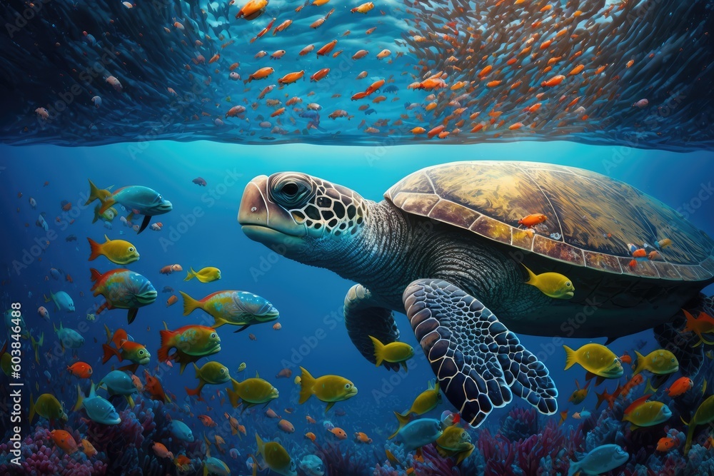 Turtle swimming in the ocean. Created with Generative AI tools