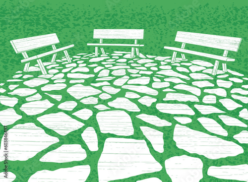 Vector illustration of three garden benches and paving stones