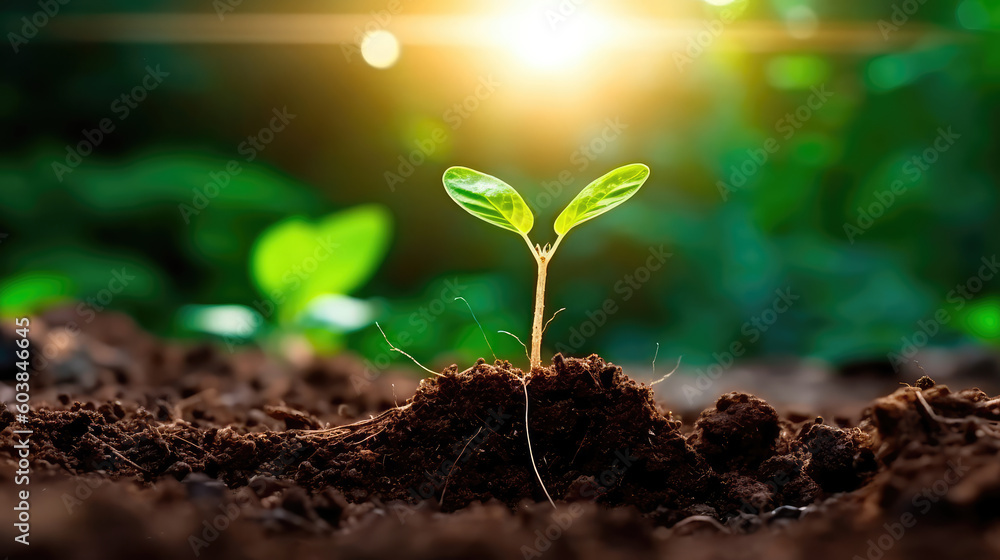 Fototapeta premium Seedlings growing in the soil under the rays of the sun. A new life is being born. Generative AI