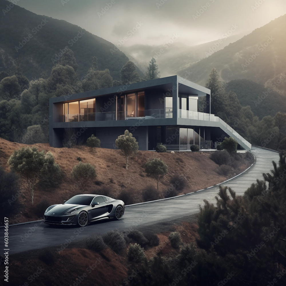 a sports car driving down a hill in front of a modern house, in the ...