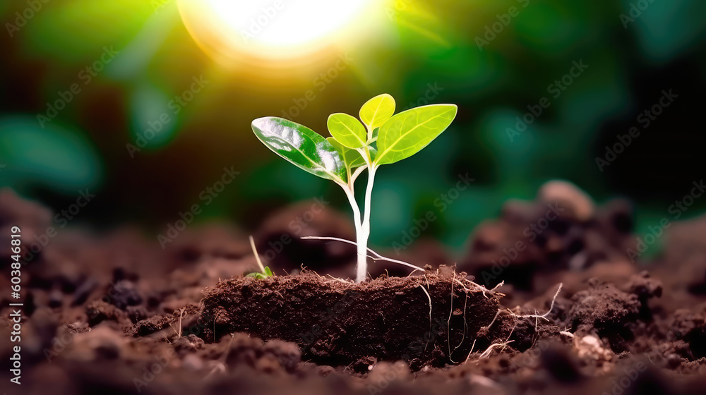 Seedlings growing in the soil under the rays of the sun. A new life is being born. Generative AI Seedlings growing in the soil under the rays of the sun. A new life is being born. Generative AI