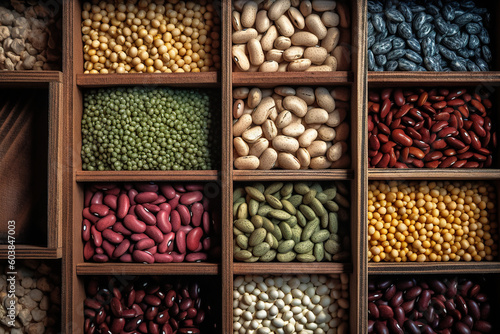 A display case filled with lots of different types of beans. Generative AI.