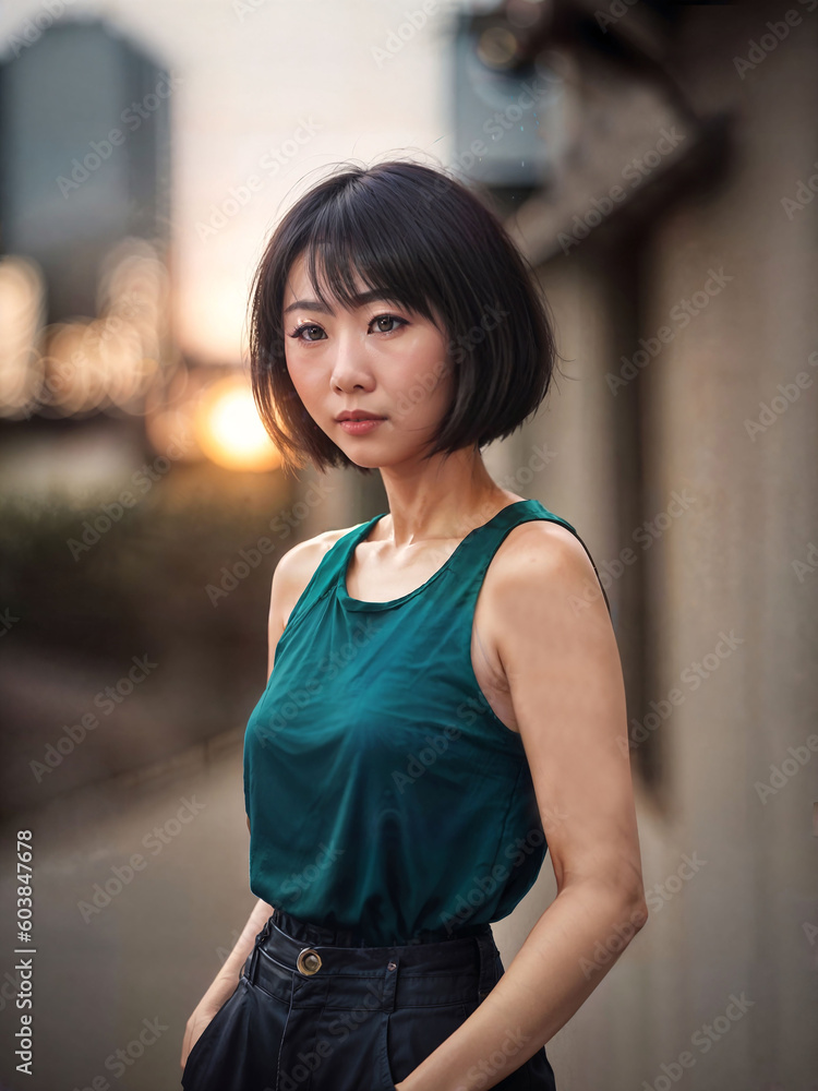 portrait of beautiful asian woman in casual outfit at night, generative AI