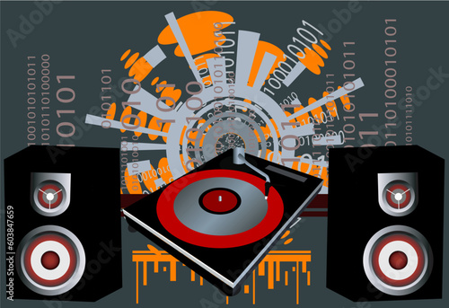 Vector - Retro with grunge background and a dj mix turntable. Concept: Party and entertainment.