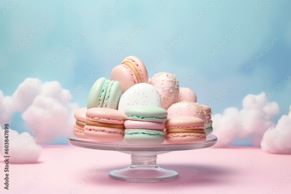 Delicate pastel macarons float on a cloud of cotton candy. Generative AI Delicate pastel macarons float on a cloud of cotton candy. Generative AI