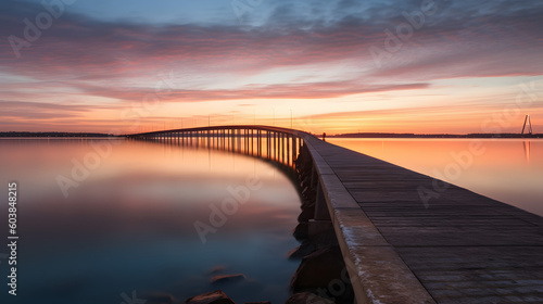 Fototapeta Naklejka Na Ścianę i Meble -  Denmark, Aarhus, Long exposure of Infinite Bridge and Aarhus Bay at sunrise