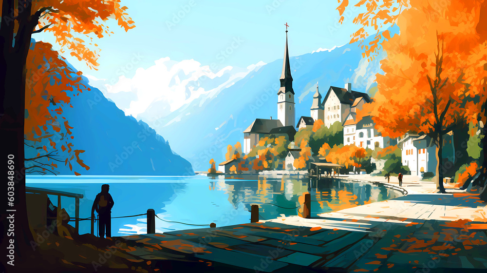 Obraz premium Illustration of beautiful view of Hallstatt, Austria