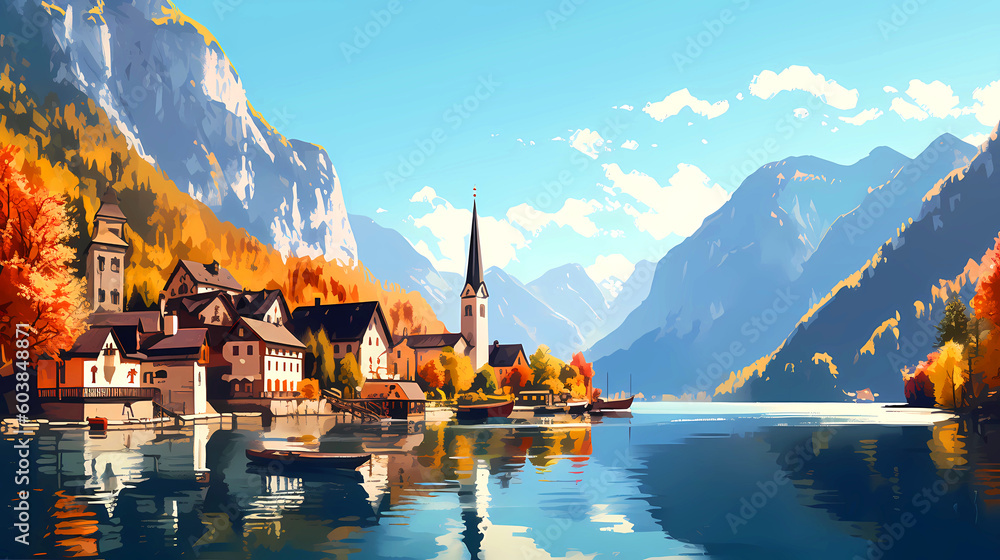 Fototapeta premium Illustration of beautiful view of Hallstatt, Austria