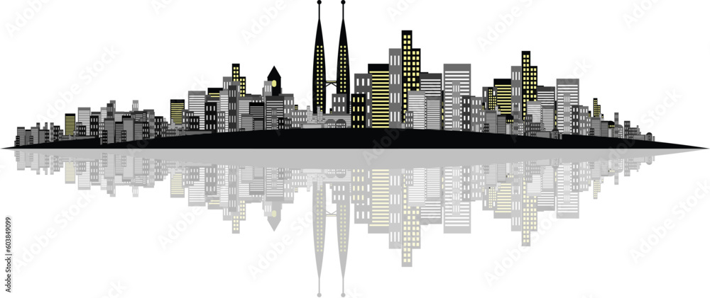 Vector - Brightly lit modern city with reflections.
