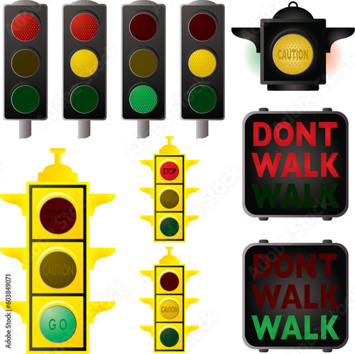 Collection of traffic signals in different stages of changes