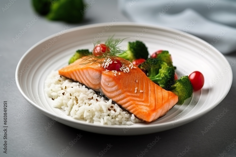 A white plate topped with rice, broccoli and salmon. Generative AI. A white plate topped with rice, broccoli and salmon. Generative AI.