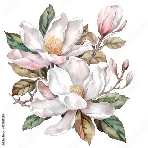 Watercolor Magnolia Bouquet  Hi  I get the ideas for my claiparts from nature. When I have developed the basic idea  an AI helps me. The processing of the images is done by me with a graphics program.