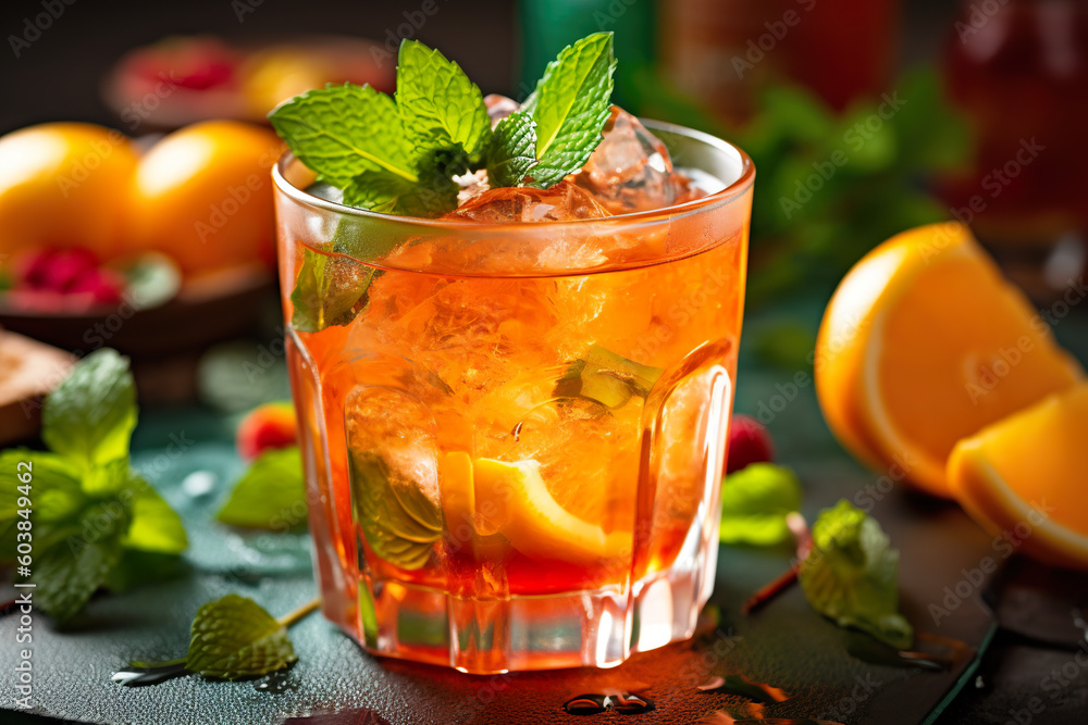 A close up of a drink in a glass on a table. Generative AI. A close up of a drink in a glass on a table. Generative AI.