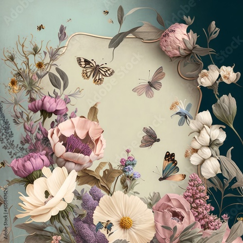 Flowers and butterflies background pastel colors illustration