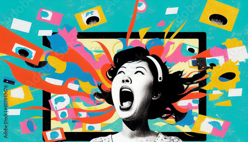 Tech frustration stress burnout and information overload; too much and too many mental health problems of living in the modern world, colorful illustration style (generative AI, AI) photo