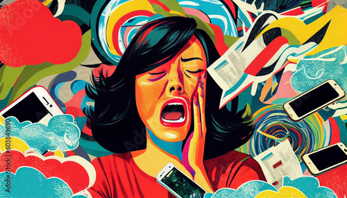 Tech frustration stress burnout and information overload  too much and too many mental health problems of living in the modern world, colorful illustration style (generative AI, AI) © yesdoubleyes