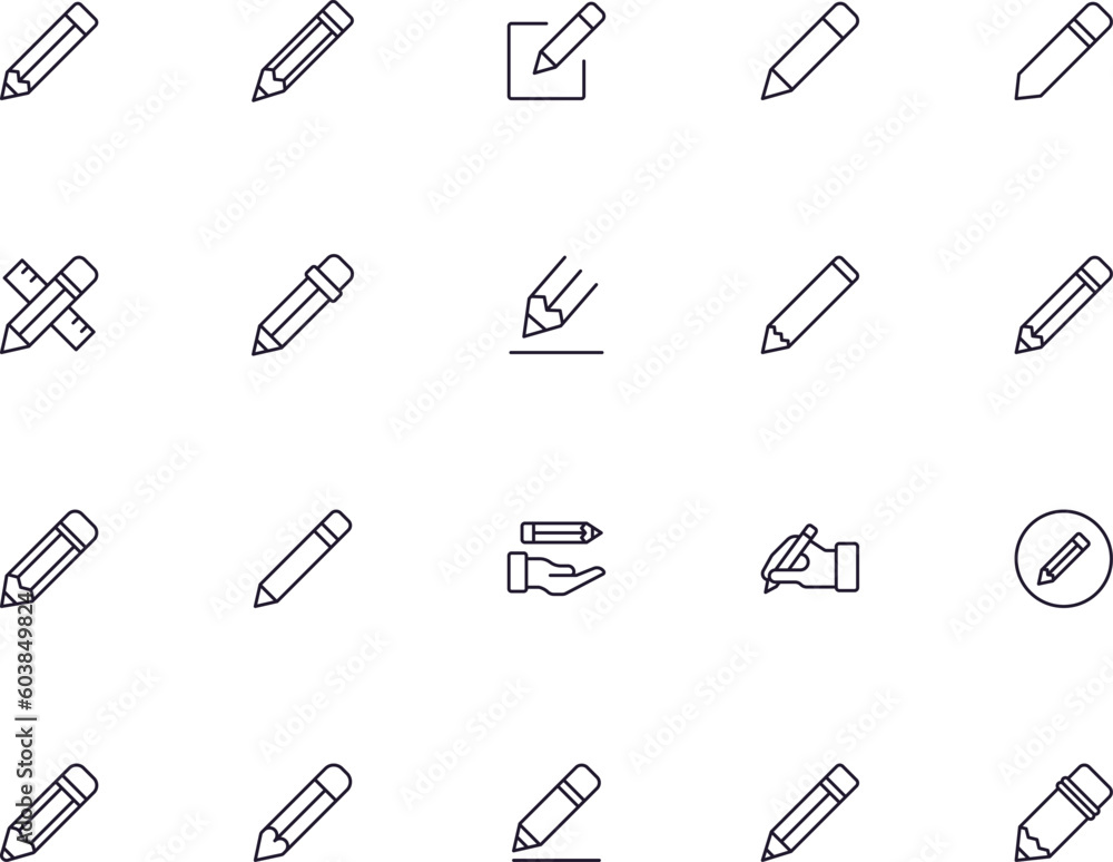 Pencil concept. Collection of modern high quality pencil line icons. Editable stroke. Premium linear symbol for web sites, flyers, banners, online shops and companies. Pencil concept. Collection of modern high quality pencil line icons. Editable stroke. Premium linear symbol for web sites, flyers, banners, online shops and companies.