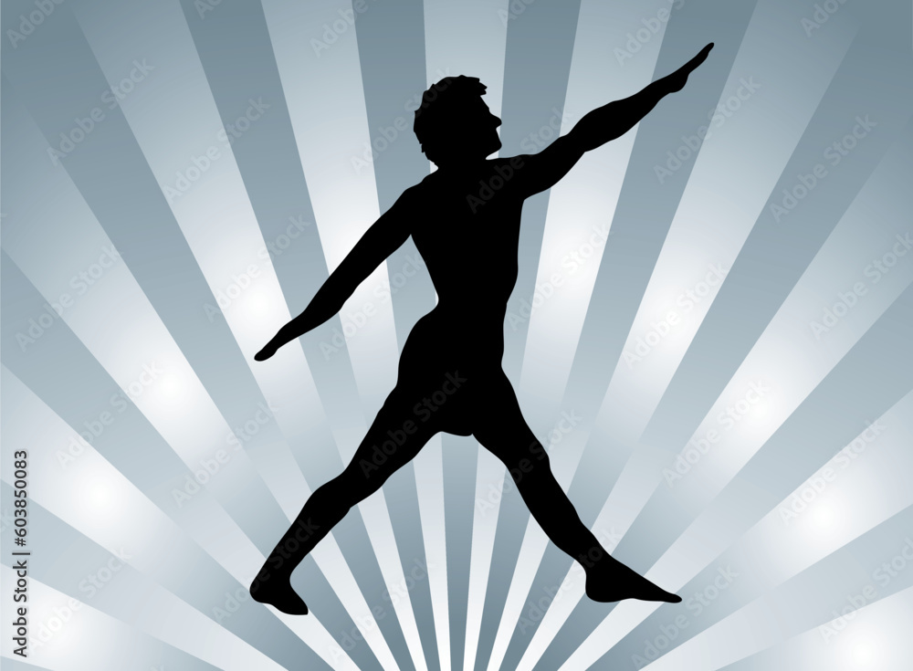 man posing in a yoga position on a radiating silver background