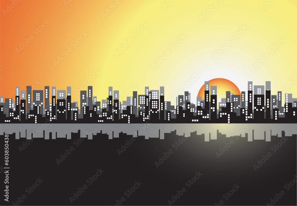 Illustration of city at sunset