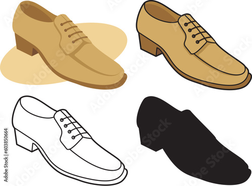 Vector illustration of male shoe in four versions.  The vector version is a fully editable EPS 8 file, compressed in a zip file. No gradients or transparencies. Can be scaled to any size without loss 