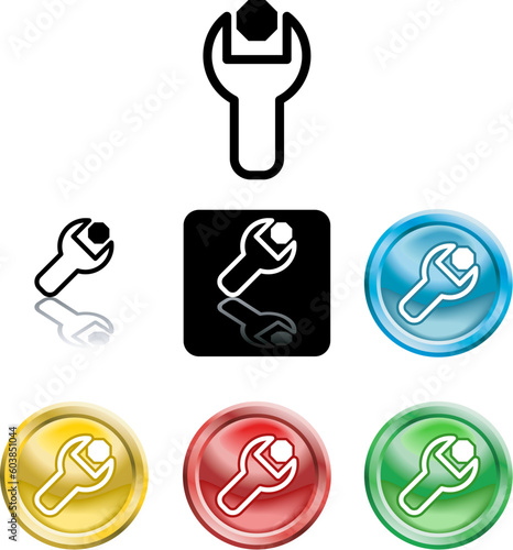 Several versions of an icon symbol of a stylised spanner turning a nut or bolt