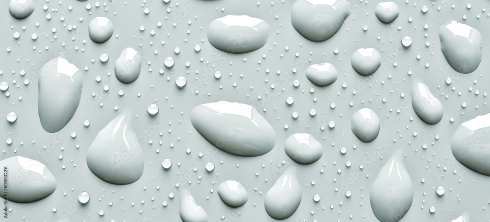 Water drops on white background, top view. Rain droplets on a white surface with a light shine Water drops on white background, top view. Rain droplets on a white surface with a light shine