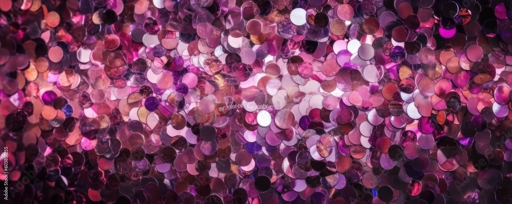 Banner sparkling glamorous background of purple and pink sequins. Ai generative.