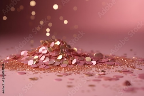 Golden pink sparkles on pink background. Ai generative.