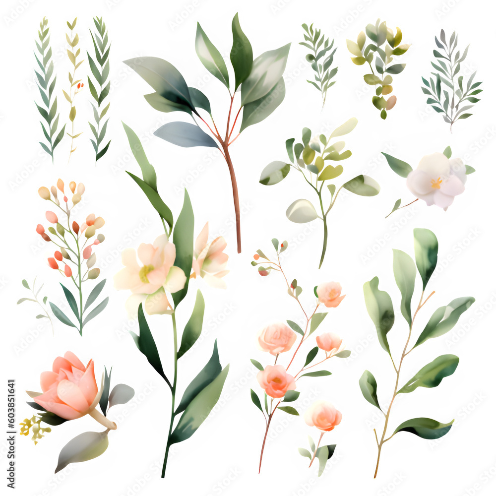 Watercolor floral illustration elements set
