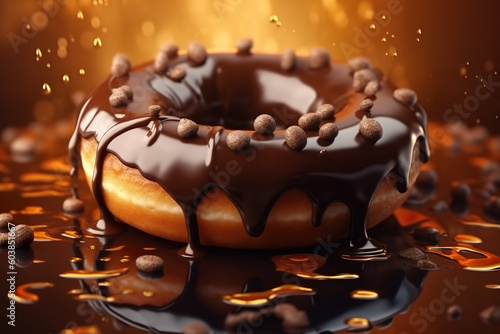 A chocolate covered donut sitting on top of a table. Generative AI. Weird and ugly food styling, unconventional composition and distorted forms.