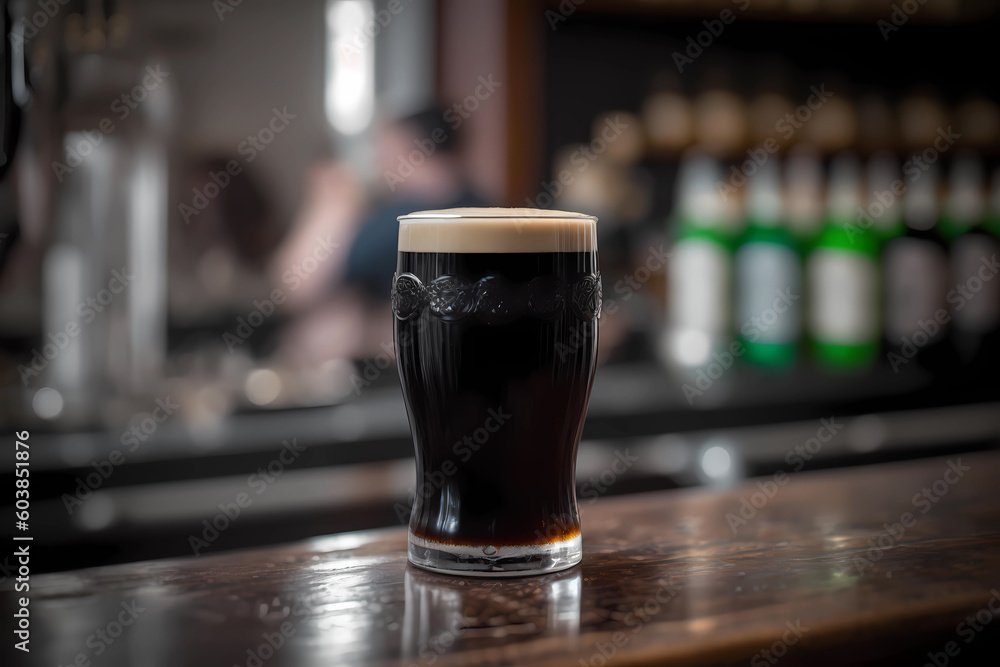 Dark stout beer in a tall glass with foam on a bar counter with a blurred bar background, generative AI Dark stout beer in a tall glass with foam on a bar counter with a blurred bar background, generative AI