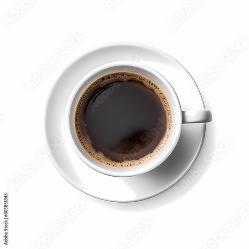 Freshly brewed coffee in a white cup with saucer overhead, generative AI