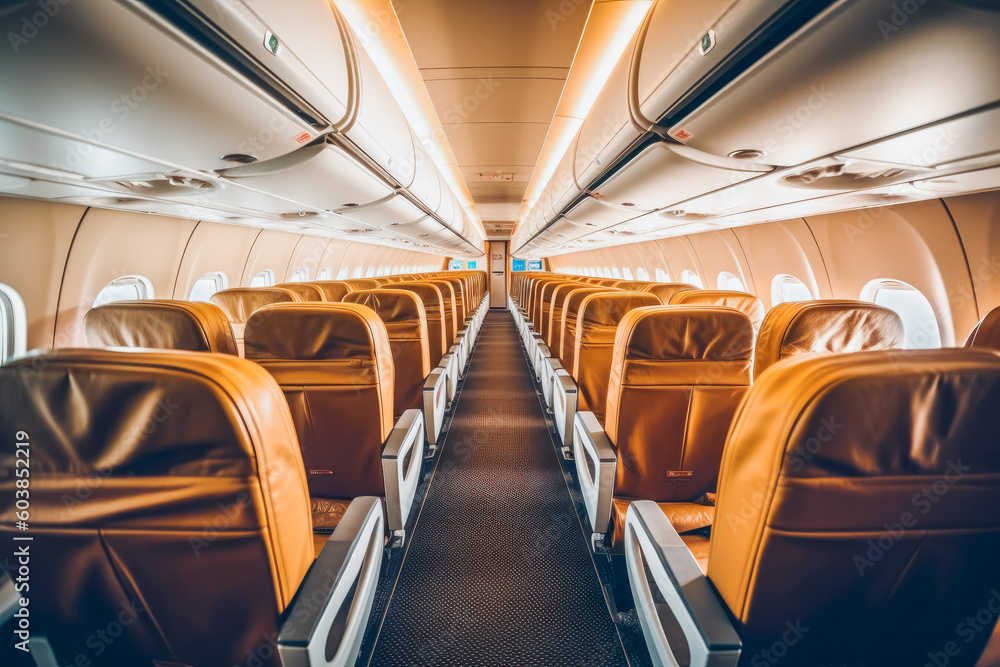Fototapeta premium Inside view on passenger and cabin crew people on an airplane. Aircraft isle without people sitting, ready to begin boarding. Generative AI