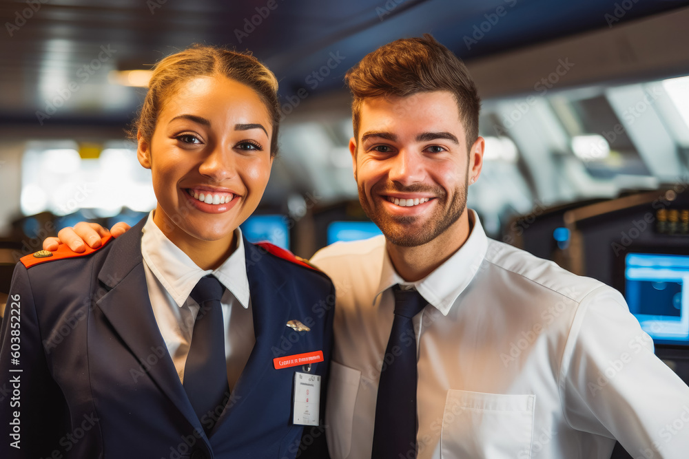 Smiling flight attendant with pilot posing for camera. Members of cabin crew ready to begin trip with aircraft. Generative AI Smiling flight attendant with pilot posing for camera. Members of cabin crew ready to begin trip with aircraft. Generative AI