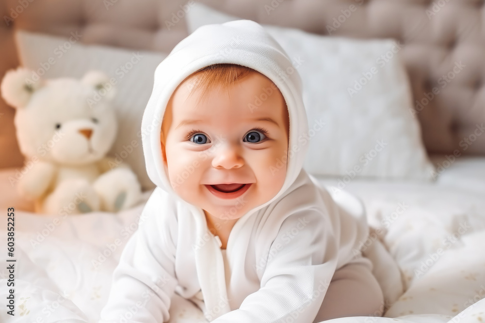 Adorable baby in white outfit in the nursery. Cute baby sitting in nursery. Generative AI Adorable baby in white outfit in the nursery. Cute baby sitting in nursery. Generative AI