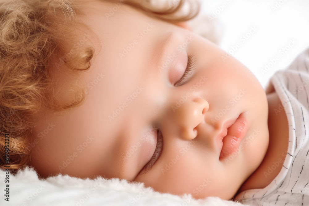 Close up portrait of a beautiful sleeping baby on white sheets. Cute little baby sleeping in soft crib at home. Generative AI