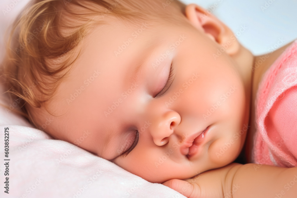 Close up portrait of a beautiful sleeping baby on white sheets. Cute little baby sleeping in soft crib at home. Generative AI Close up portrait of a beautiful sleeping baby on white sheets. Cute little baby sleeping in soft crib at home. Generative AI