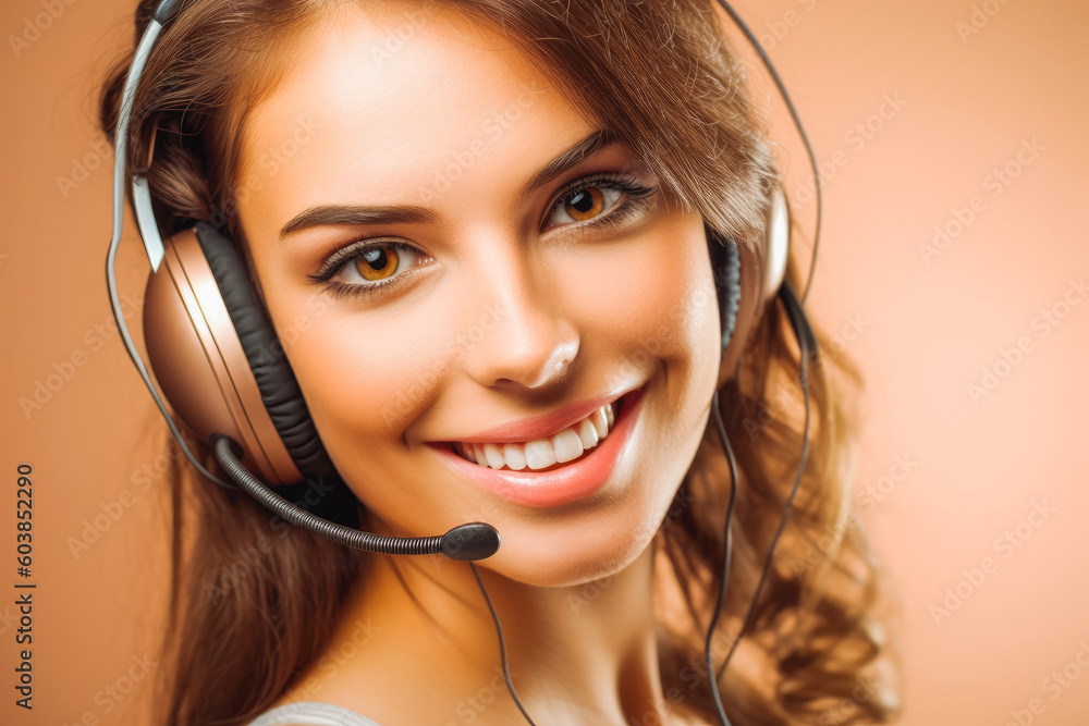 Face of young charming confident woman with headset. Woman working in marketing call center. Generative AI Face of young charming confident woman with headset. Woman working in marketing call center. Generative AI