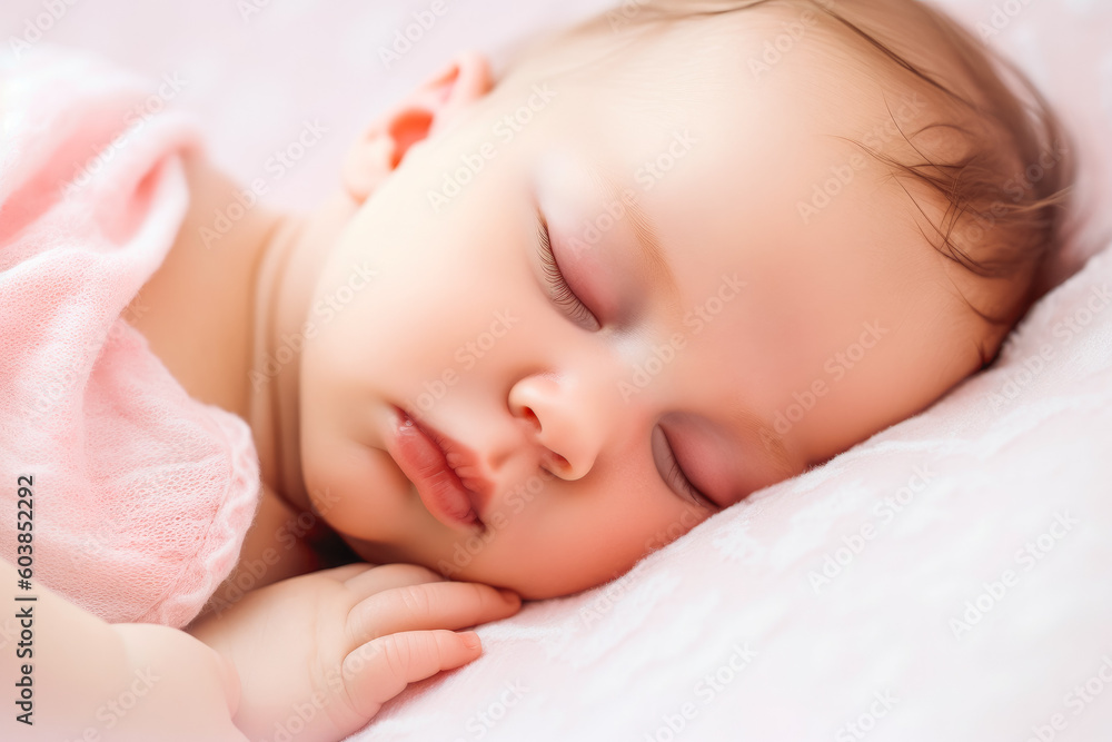 Close up portrait of a beautiful sleeping baby on white sheets. Cute little baby sleeping in soft crib at home. Generative AI Close up portrait of a beautiful sleeping baby on white sheets. Cute little baby sleeping in soft crib at home. Generative AI