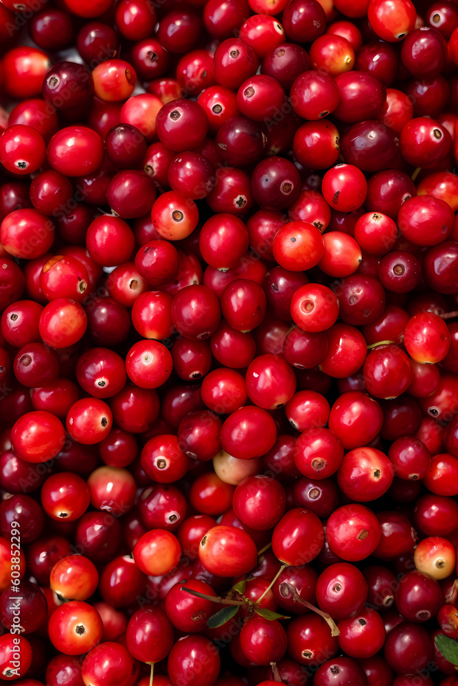 Fresh lingonberries filling the entire frame, food background, generative AI Fresh lingonberries filling the entire frame, food background, generative AI