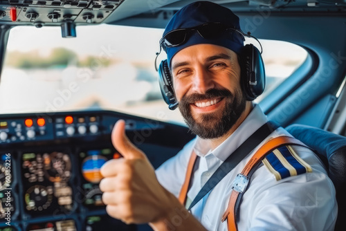 Pilot in cockpit with thumbs up. Ready to take off. Travel and aviation concept. Generative AI © VisualProduction