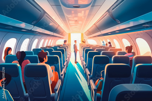 Inside view on passenger and cabin crew people on an airplane. Aircraft isle with people sitting, ready to take off. Generative AI