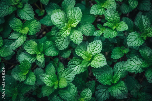 Fresh green mint leaves filling the entire frame, fresh herbs, generative AI