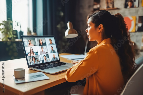 Back view of female employee talking on video call with colleagues. Working from home concept. Generative AI photo